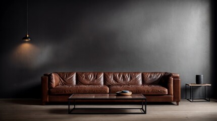 Retro Leather Couch Focuses Contemporary Dim-Lit Lounge 