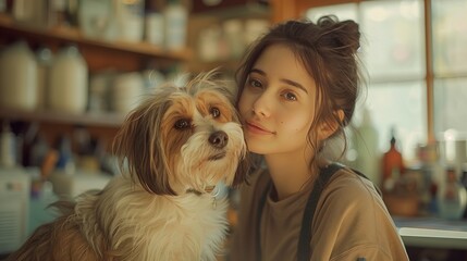 A woman is smiling next to a fawncolored companion dog with floppy ears