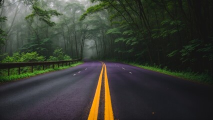 Road disappearing into a foggy lush green forest 