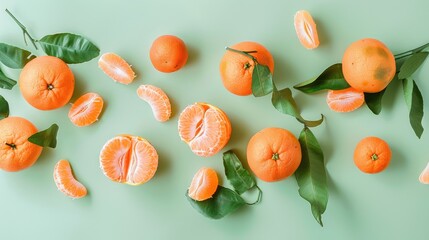 Fresh tangerines with leaves and peeled segments arranged on a pastel green background, highlighting the natural beauty of citrus fruits - AI generated