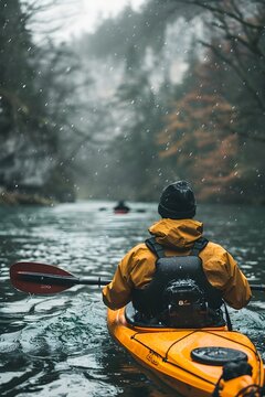 A person kayaking in a river and an autonomous drone recording the moment with its camera. Image of sports and new technologies