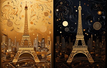 Views of Paris and the Eiffel Tower in style of Gustav Klimt