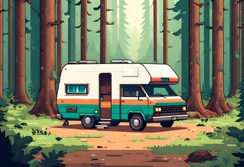 A ficition unbranded camper done in 8 bit retro video game style digital art. The camper is in the forest.