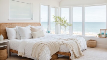 Fototapeta na wymiar Serene Coastal Bedroom with Bright Beach Scene Through Large Windows