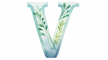 Uppercase english letter V. Colorful watercolor aquarelle font type. Floral Alphabet. Botanic flower, leaf composition. Good for wedding, bridal, birthday, greeting, baby shower card, design element