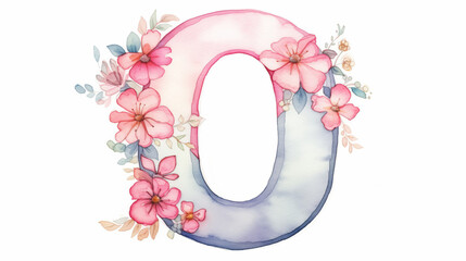 Uppercase english letter O, number 0 zero. Colorful watercolor aquarelle font type. Floral Alphabet.  Good for wedding, bridal, birthday, greeting, baby shower card, design element