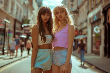 two young girls posing on the street in summer clothes