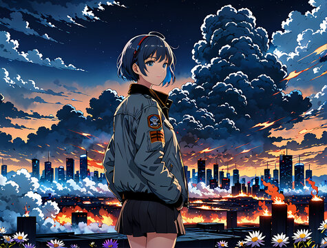 Anime manga girl in bomber jacket in front of burning city