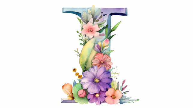 Uppercase english letter I. Colorful watercolor aquarelle font type. Floral Alphabet. Botanic flower, leaf composition. Good for wedding, bridal, birthday, greeting, baby shower card, design element