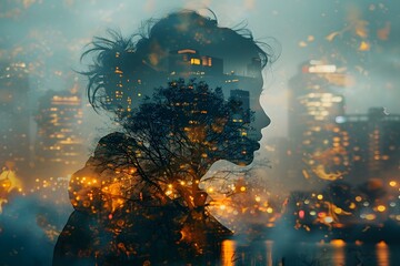 Double exposure of a portrait of a woman with a city background. Conceptual image of the environment