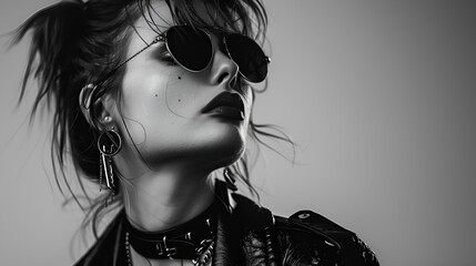 Gritty rocker girl wearing sunglasses, a leather jacket