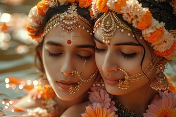 Portrait of an Indian bride and groom, wedding photographer capturing beautiful moments during traditional ceremonies