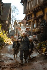Three humanized piglets in suits carrying the keys to a house in a residential neighborhood. Metaphor of the story of the wolf and the three little pigs