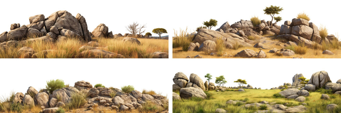 Set of savanna landscapes with faded grass and rocks, cut out