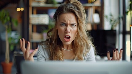 A frustrated and angry blonde woman sitting behind her laptop. - obrazy, fototapety, plakaty