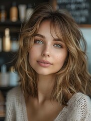 A pretty woman with fashionable curtain bangs hairstyle and pro makeup posing in a beauty salon.