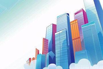 Abstract colorful skyscrapers with blue sky and clouds
