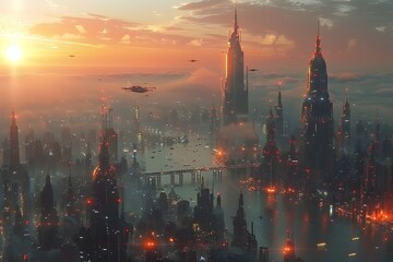 Aerial view of a futuristic megacity at sunset - obrazy, fototapety, plakaty