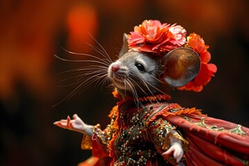 Mouse dressed in flamenco costume performing an opera on a stage