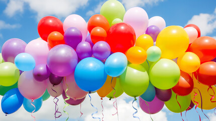 Group of party balloons, multi color balloons with blue sky and white cloud background