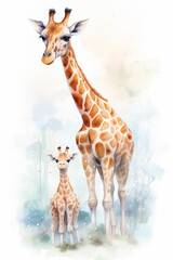Watercolor illustration of giraffe mom and giraffe baby in soft palette