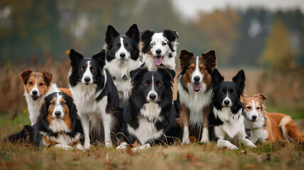 Naklejka na ściany i meble Group of Border Collies in a Field . A diverse group of Border Collies sitting together in a field, displaying a variety of coat colors and patterns, looking attentively. 