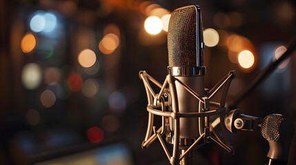 A condenser studio microphone with a shock mount in a music studio, representing the musical...