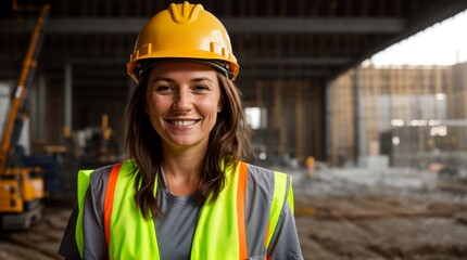 Smiling female in reflective vest and hard hat at construction site 
