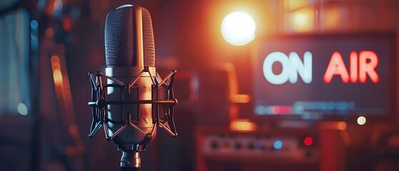 A microphone in a radio or podcast studio with the words "On Air".
