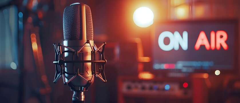 A microphone in a radio or podcast studio with the words "On Air".