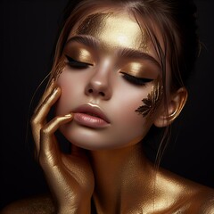 Portrait of beautiful young woman with golden make-up. Fashion art.