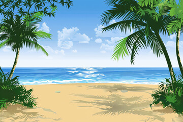 Tropical beach scene with palm trees and clear blue sky