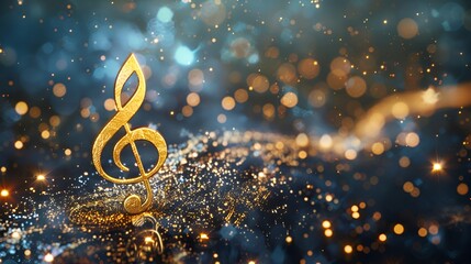 Gold light music note on a blue and golden background.