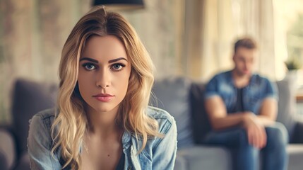 An unhappy couple with an angry blonde woman in the foreground and an upset man sitting in the background. - obrazy, fototapety, plakaty