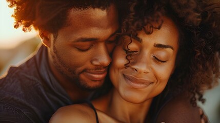 A happy intimate couple holding each other with their eyes closed.