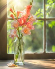 flower decoration in a glass vase with sunlight on wooden table