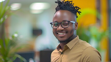 Fototapeta premium A young black male business entrepreneur posing for a photograph with a smile.
