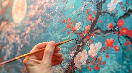 A person painting a flower picture on canvas.