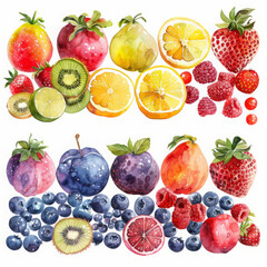 Detailed watercolor art of sliced citrus fruits and mixed berries with a refreshing, dewy appearance.
