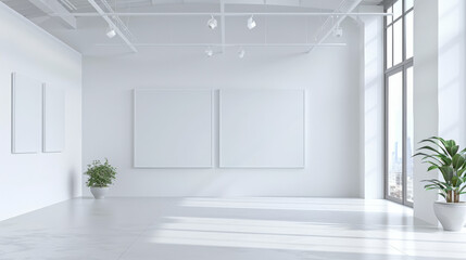 Fototapeta premium empty big white poster mockup gallery with white wall room ,empty white blank frame banner design with spotlight