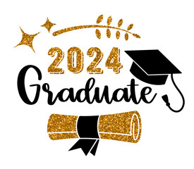 2024 Graduate . Trendy calligraphy golden glitter inscription with black hat - 749884434