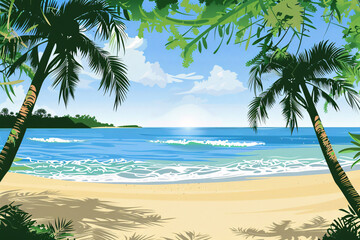 Tropical beach view with palm trees and vibrant blue ocean