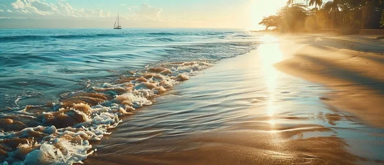 Poster A long stretch of tropical beach, the water's edge kissed by golden sunlight, a distant sailboat on the horizon © Lemar