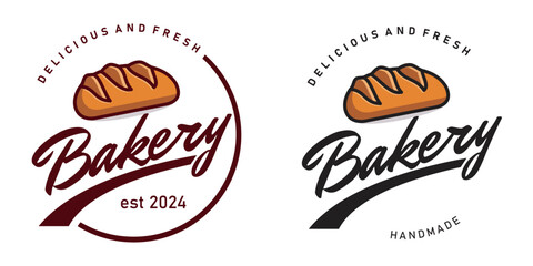 Bakery vintage badge logo, bakery handwritten logo, fresh bread and bakery logo design template