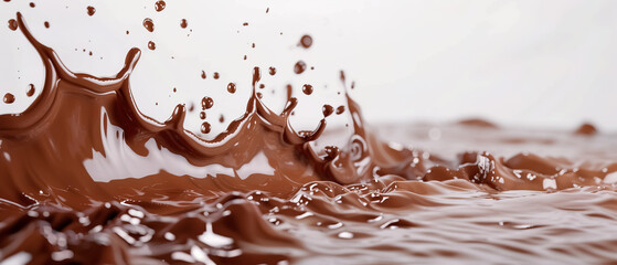 Fototapeta premium Chocolate splash dripping on white background, Chocolate milk splash Liquid Elegance dessert delicious ,background ultrawide 21:9, banner cover graphic resource