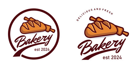 Bakery vintage badge logo, wood rolling pin, bakery handwritten logo, fresh bread and bakery logo design template