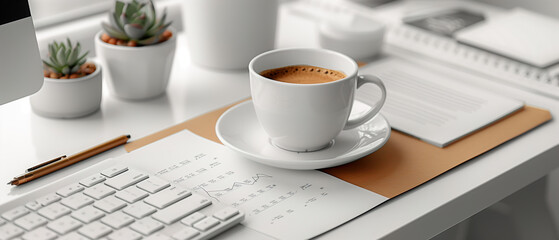 Cup coffee morning light, close up cup on work table, work from home or cafe minimal modern clean style, look data analytic graph