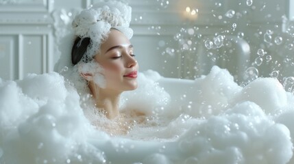 Woman relaxing in a luxurious bubble bath with soap bubbles floating around her head in bathtub