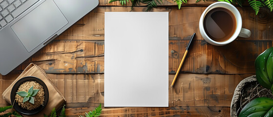 White paper on a wooden table, Vertical paper empty
,A4 paper mock-up,
Top view, laptop prop and coffee mug, mockup concept - obrazy, fototapety, plakaty