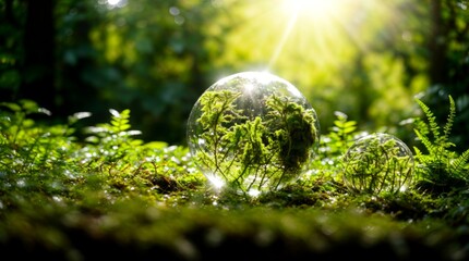 Sparkling globe nestled among sunlit ferns on mossy ground  - obrazy, fototapety, plakaty